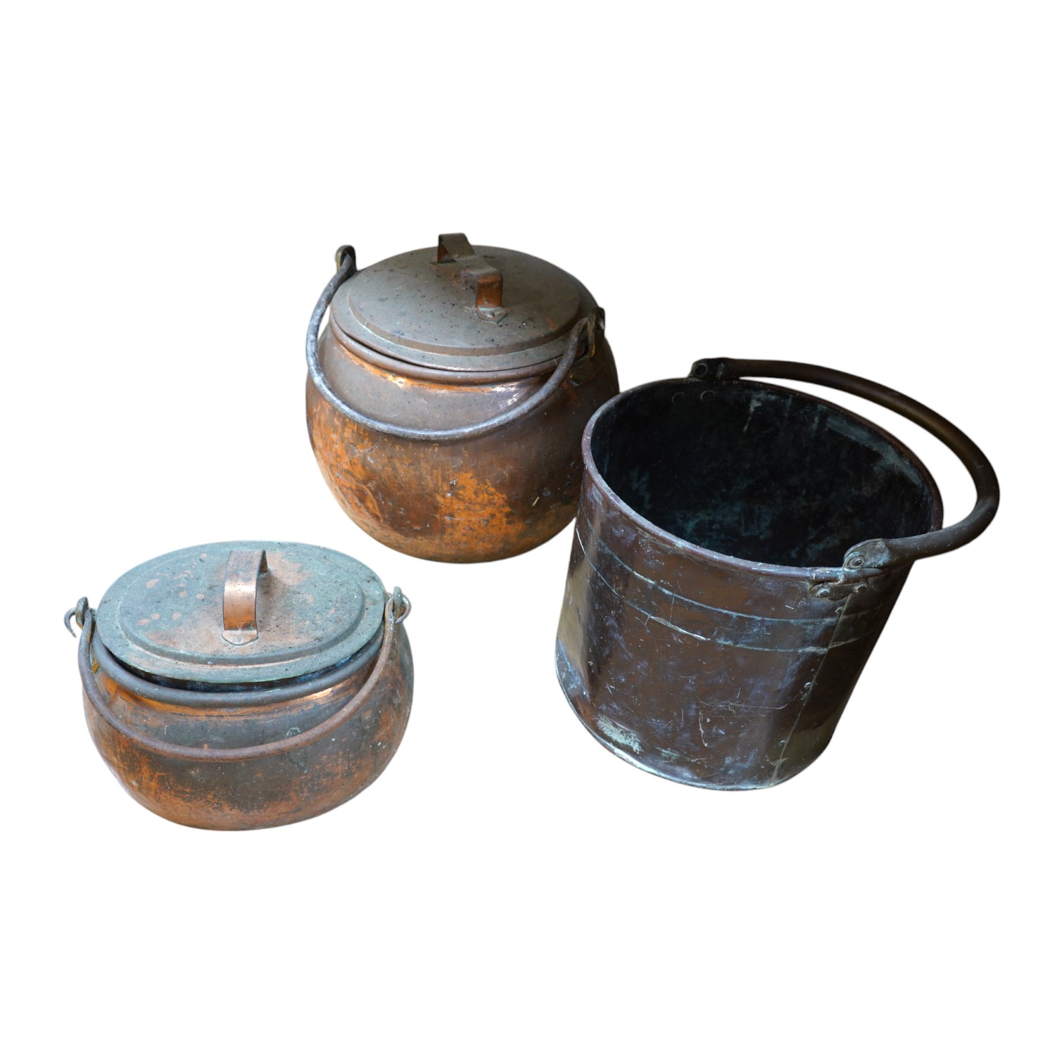 Two copper cauldrons and covers and a copper log bin (3). Condition - poor